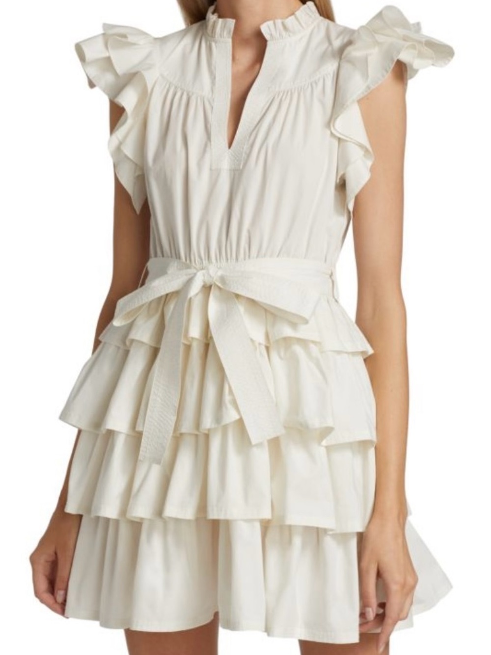 Ulla Johnson Cream Ruffled Tie-Waist Tiered Mini Dress